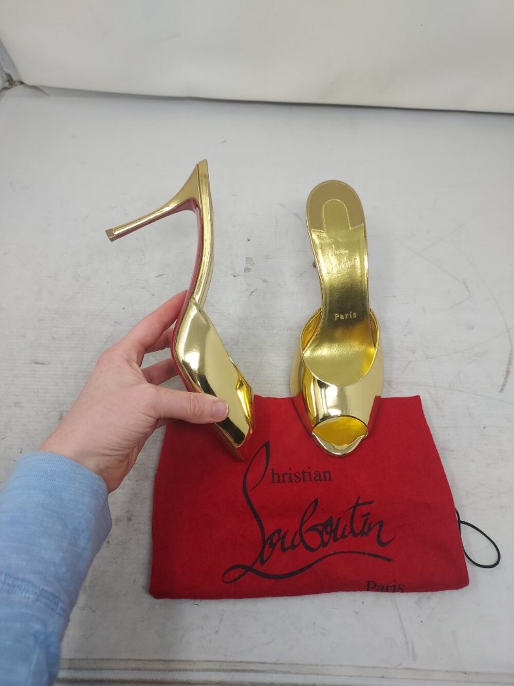 CHRISTIAN LOUBOUTIN Me Dolly Patent Leather Metallic Gold Mule Sandal